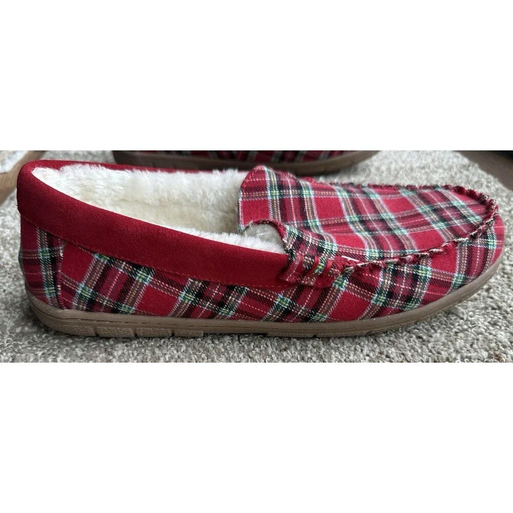Lands’ End Red Plaid Faux Fur Lined Moccasin Slippers Men’s Size 10